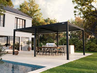 Pergola bioclimatique en aluminium blanc 4x6m motorisée avec toit à lames LED, fixation murale, pour restaurant, hôtel, terrasse, patio, couverture de patio
