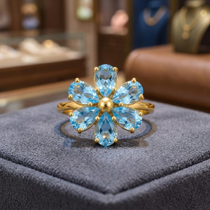 Bague Cocktail Tendance Certifiée Motif Floral en Aigue-marine Naturelle Coupe Poire Plaqué Or 18K Bijoux Glamour pour Femme Pierre de Naissance de Mars - Product Image 3
