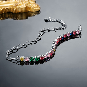 Bracelet Tennis en Chaîne Trombone en Laiton pour Femme, Zircon Cubique Coloré, <span class=keywords><strong>Accessoires</strong></span> Y2K, Cadeau de Luxe de Créateur, Plaqué Platine/Or - Product Image 3