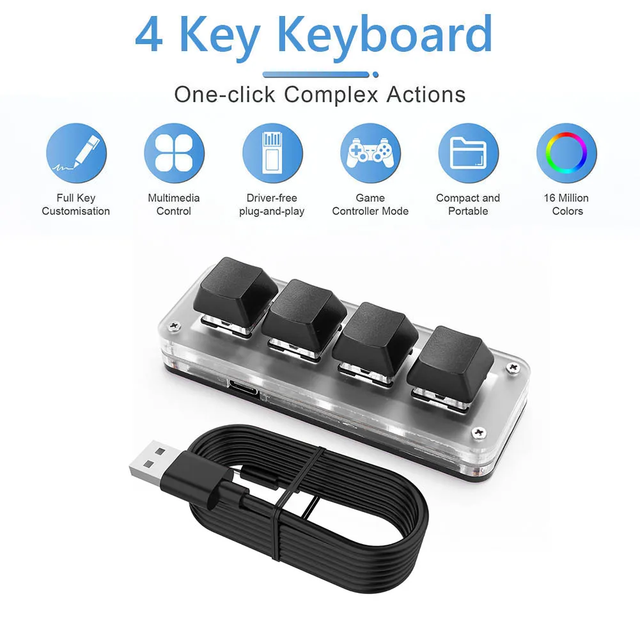 Programmable DIY Mechanical Keyboard /USB Wired RGB Custom Mini 3 Key 1 Knob Knob Macro Hotswap Keypa for Laptop