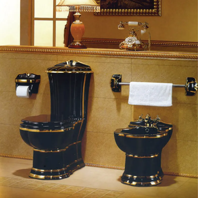 Alta Qualidade Black Gold Line One Piece Water Closet Banheiro Wc Cerâmica Mármore WC Bowl
