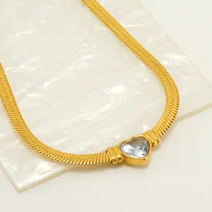 European Fashion 18K Stainless Steel Snake Bone Chain with Love Zircon Pendant Plated Personality Hip Hop Collarbone Necklace