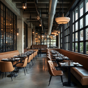 Ensemble <span class=keywords><strong>de</strong></span> mobilier <span class=keywords><strong>de</strong></span> restaurant commercial <span class=keywords><strong>de</strong></span> luxe Ron Group, banquette en cuir à dossier haut, chaise rembourrée, table carrée pour restaurant - Product Image 1