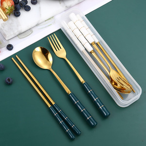 Juego de cubiertos de acero inoxidable con mango de cerámica, utensilio portátil para acampar al aire libre, para estudiantes y adultos - Product Image 4