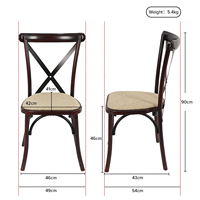 Chaises de mariage empilables en bois d'acajou foncé à dossier croisé avec assise rembourrée en lin pour événements et repas de style rustique