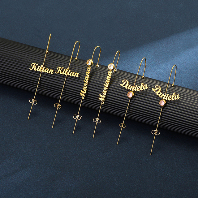 Handmade Personality Stainless Steel Gold Plated Zircon Stick Earrings Custom Name Ear Wrap Crawlers