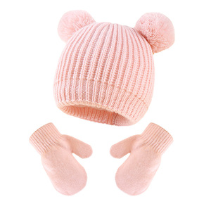 Ensemble bonnet et mitaines en tricot pour bébé, nouveau modèle <span class=keywords><strong>d</strong></span>'<span class=keywords><strong>hiver</strong></span>, deux pompons, mignon, chaud, pour enfants, bonnet de ski, gants pour enfants - Product Image 1