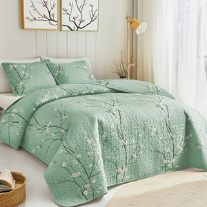 3PCS Multi-color Branch Blooming <strong>Plum</strong> Blossom Printed Quilted Pillowcase Bed Cover Set Hypoallergenic Machine-washable Polyester - Product Image 3