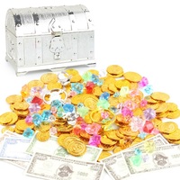 Coffret de trésors de pirate en or, argent et bronze, avec pièces de monnaie et pierres précieuses en plastique, pour enfants, idéal pour les fêtes d'anniversaire, d'Halloween et de Noël