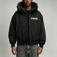 Sweat à capuche unisexe oversize en coton 450G avec fermeture éclair, fausse fourrure amovible, col en fourrure, imprimé lettres, streetwear d'hiver, veste ODM