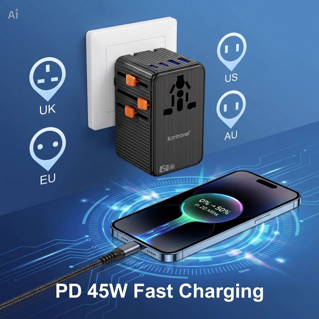 Socket Adaptor Ready to Ship Ultra-thin UK US EU AU 45W PD Universal Travel Adapter 2USB-A 3USB-C Mini Slim Plug Charger Adaptor