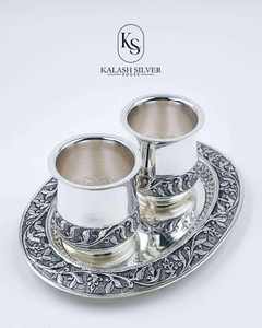 Service à thé en argent avec plateau, tasses à boire en argent faites à la main, argenterie traditionnelle indienne pour la maison, offrande et usage festif - Product Image 1