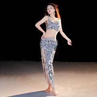 Camisole à paillettes élégante avancée avec jupe longue ensemble de 2 pièces pour Costumes de scène professionnels de danse du ventre arabe
