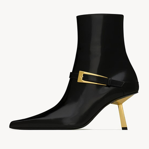 Dress Stiletto Metal Buckles Ankle <b>Boots</b> Sexy Women's Pointed Toe Short <b>Boots</b> Gold High Heels Patent Shoes - Product Image 1