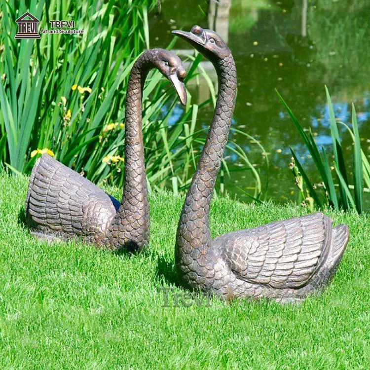 Outdoor metal antique pair couple black cast bronze swan sculptures statue