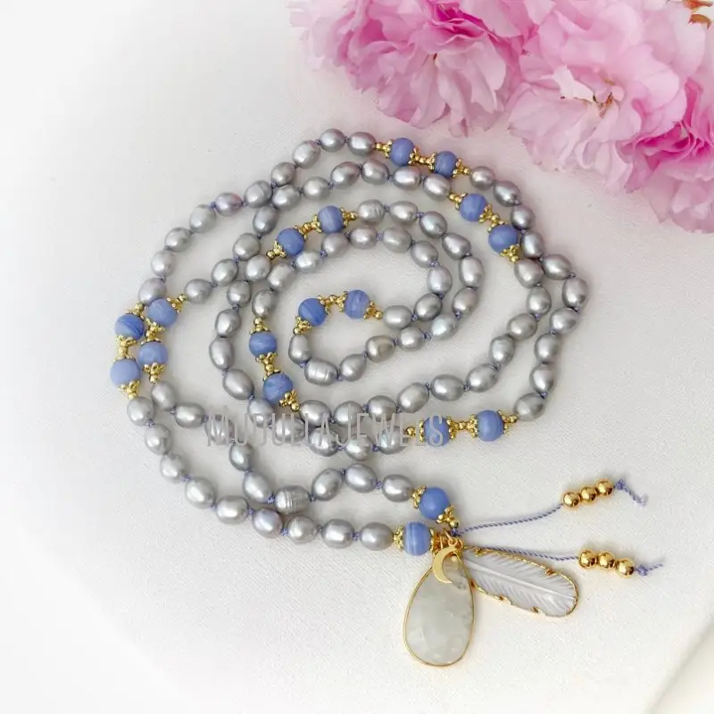 Mn43500 colar de mala com pérolas, colar com pérolas de água doce azul, renda ágata mala, pedra da lua, ouro 108, presentes de oração mala, yoga