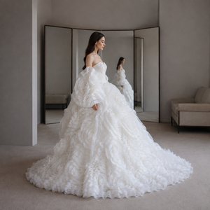 Vestido de Novia de Organza con Rosetones, Mangas Abullonadas Desmontables, Escote Corazón, <span class=keywords><strong>Volantes</strong></span> Florales, Falda de Tul con Capas, Lujoso - Product Image 2