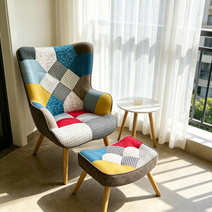 <span class=keywords><strong>Fauteuil</strong></span> Chesterfield à dossier haut Merry MR-AC026 en lin patchwork avec ottoman, tissu à carreaux, pieds en bois massif, design moderne, certifié BSCI - Product Image 1
