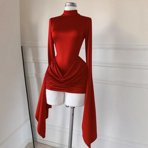 Robe moulante asymétrique à col haut et manches longues, mini-robe froncée pour soirée et club - Product Image 1
