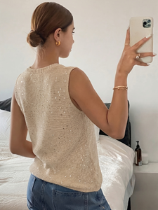 Débardeur en maille scintillante pour femme, été 2026, sans manches, à sequins, col rond, couleur or champagne, haut tricoté élégant pour le quotidien - Product Image 3