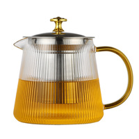 Teko Teh Kaca Bergaris Tahan Panas 350ml 500ml 800ml 1000ml Gagang Emas dengan Infuser Pembuat Teh Modern