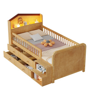Natural Wood Children's Bed With Led Light <b>Drawers</b> <b>Storage</b> Guardrails For Kids Bedroom Wheat Colored N160 - Product Image 5