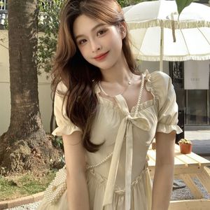 Women's Summer Puff Sleeve Square Neck <b>Dress</b> <b>Elastic</b> Waist Ruffles A-line Casual Daily Wear Breathable Short Sleeve - Product Image 4