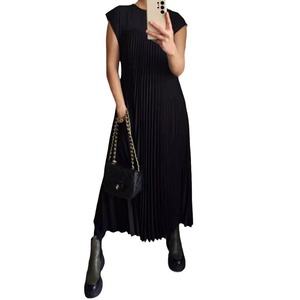 Robe jupe longue à la mode pour femmes avec col rond et détail plissé sans manches respirant bureau dame Style vêtements - Product Image 2