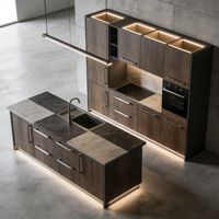 Meubles de cuisine bicolores de style transitionnel avec îlot incurvé, finition noyer et éclairage LED d'ambiance