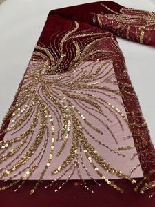 Tela de Terciopelo Floral con <span class=keywords><strong>Lentejuelas</strong></span> Doradas y Pedrería Bordada, Estilo Lujoso K/C, para Vestidos de Noche y de Novia - Product Image 5