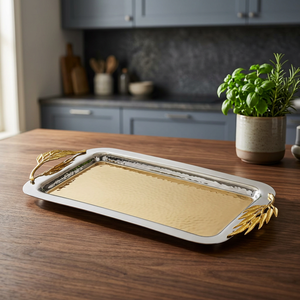 Bandeja Rectangular para Servir con Asas de Hoja de Oro, Acabado Metálico Pulido, Diseño Sólido, Uso Residencial - Product Image 3