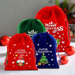 Sacs cadeaux de Noël à cordon en velours, sacs de rangement pour bonbons, friandises, bijoux, avec motifs Bonhomme de neige et Père Noël - Product Image 2