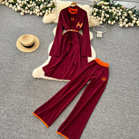 Kadin 3-Piece kadın moda 3 parça örgü Set uzun bel kravat hırka kısa kollu T Shirt geniş bacak pantolon