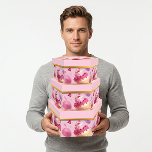Set di 3 Scatole Regalo a Forma di Stella in Cartone Rosa con Stampa <span class=keywords><strong>Torta</strong></span> di Compleanno per Feste di Ragazze e Confezioni Regalo Floreali - Product Image 3
