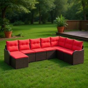 Brown Poly <b>Rattan</b> Garden <b>Sofa</b> Set With Red Cushions Outdoor Furniture Contemporary Design Waterproof UV Resistant - Product Image 2