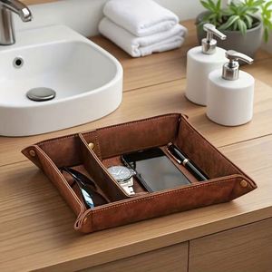 Plateau de rangement de bureau en cuir PU avec logo personnalisé et coins à pression pour cadeaux de bienvenue - Product Image 5