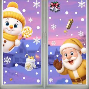 Autocollants de Noël statiques imperméables en PVC doré pour fenêtres, motifs Bonhomme de neige, Renne, Père Noël, flocons de neige et maisons enneigées - Product Image 1