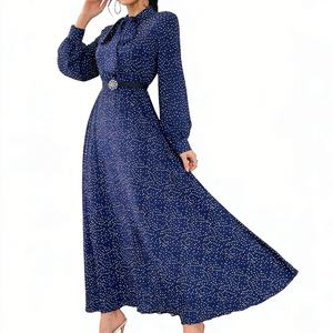 Robe longue plissée à pois pour femme, col noué, manches longues, fluide, style vintage décontracté, Sehe Fashion - Product Image 1
