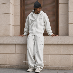 Completo coordinato due pezzi in cotone pesante 350gsm a costine bianco OEM, con felpa da uomo casual da sera taglie forti con cerniera e vestibilità aderente - Product Image 1