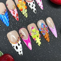 Ongles artificiels 100% faits à la main, qualité salon, réutilisables, à presser, glamour, en gel UV, motif floral sculpté, manucure faite à la main
