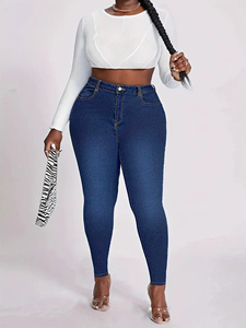 Pantalon en <span class=keywords><strong>Jean</strong></span> Extensible Bleu Foncé pour Femmes Rondes, <span class=keywords><strong>Jean</strong></span> Crayon Couleur Unie Coupe Slim Lavé pour Maman - Product Image 5