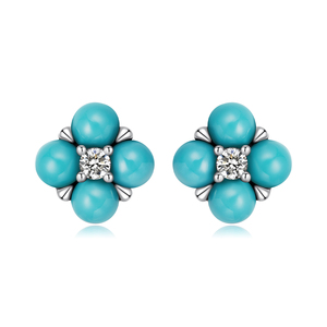 925 Sterling Silver Sparkling Turquoise <strong>Beads</strong> <strong>Stud</strong> <strong>Earrings</strong> Fine Fashion Jewelry Shining Four-Leaf Clover Ear <strong>Studs</strong> - Product Image 1