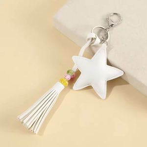Llavero de PU con borla de cuero sintético y perlas, relleno de felpa, estrella de cinco puntas, para mujer, niña, colgante de bolso - Product Image 3