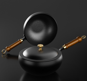 Wok Negro de Lujo 2026 con Mango de Madera y Tapa con Perilla de Latón, 28 cm, Antiadherente, Apto para Inducción, para Cocina Casera, Sartén para Saltear - Product Image 3