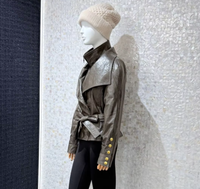 Veste en cuir véritable pour femme, boutons dorés, ceinture à nœud, courte, grise, style motard, streetwear