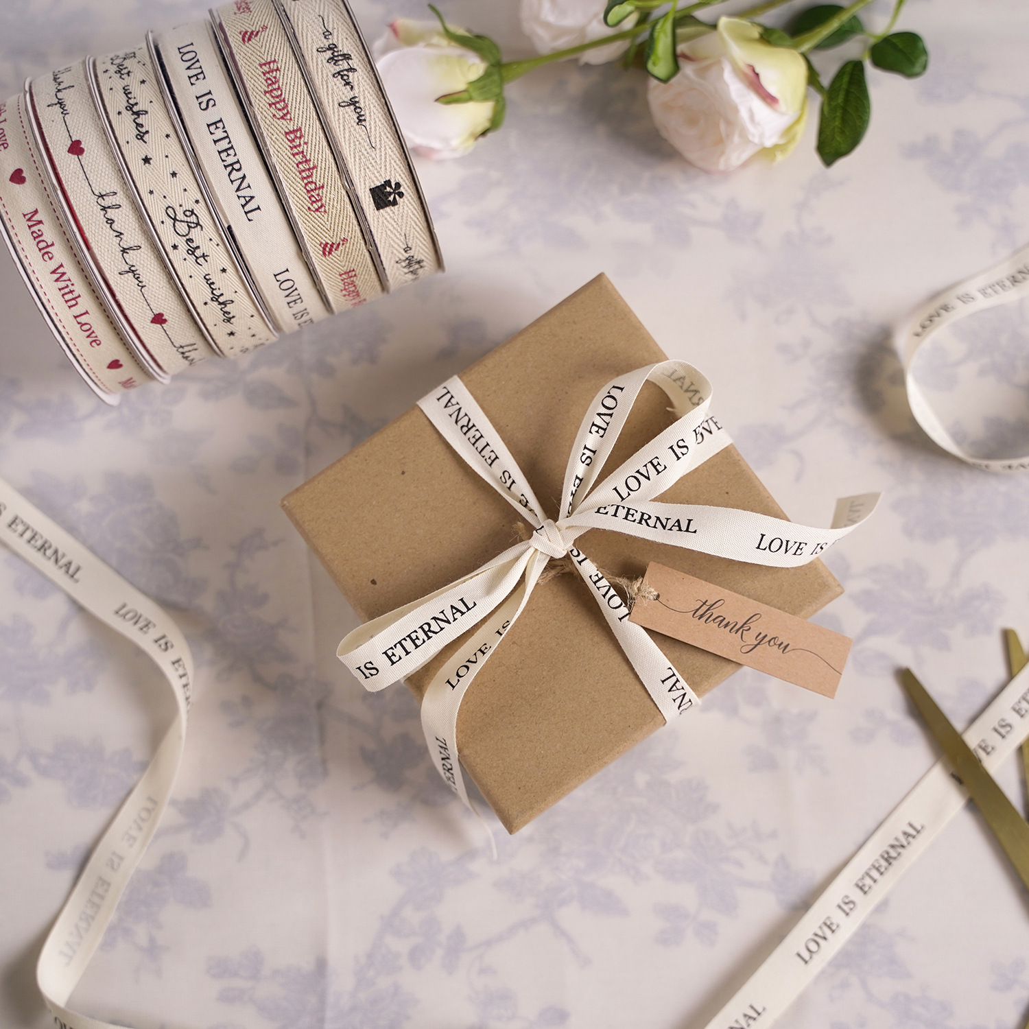 Custom Printed Organic Cotton Ribbon with Logo Gift Herringbone Pattern Cotton Tape