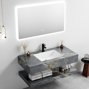 Meuble-lavabo mural CR Buvini 100 avec vasque en céramique grise et armoire miroir rétroéclairée - Product Image 1