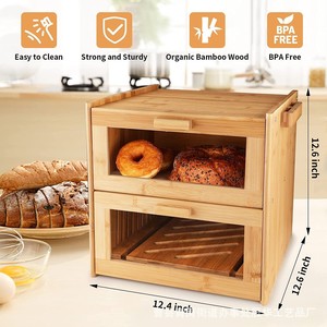 Bamboo <b>Bread</b> Box Double Layer Wooden Storage With Slicer For Kitchen Countertop - Product Image 2