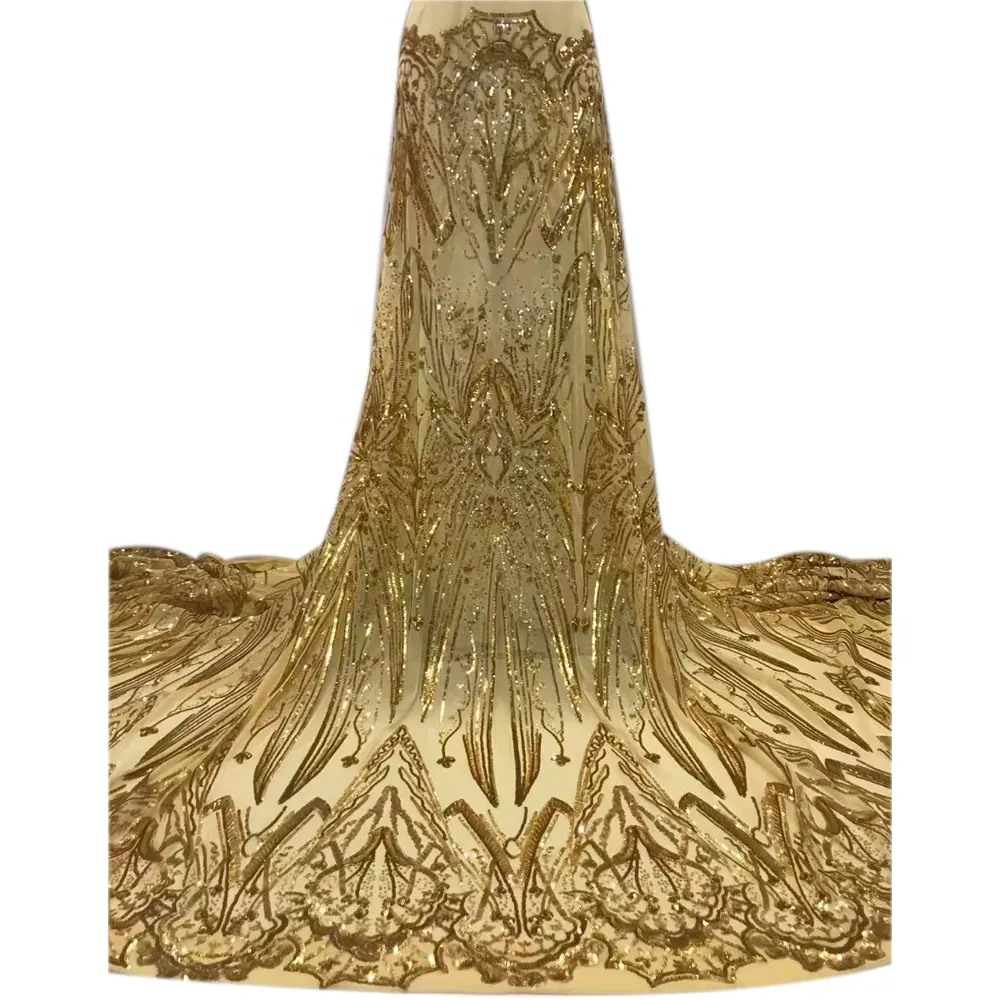 Tessuto di pizzo francese di pizzo di sequenza d'oro di lusso tessuto ricamato con paillettes pizzo da sposa africano di alta qualità per le donne vestito