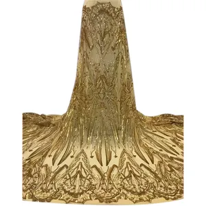 Tessuto di pizzo francese di pizzo di sequenza d'oro di lusso tessuto ricamato con paillettes pizzo da sposa africano di alta qualità per le donne vestito